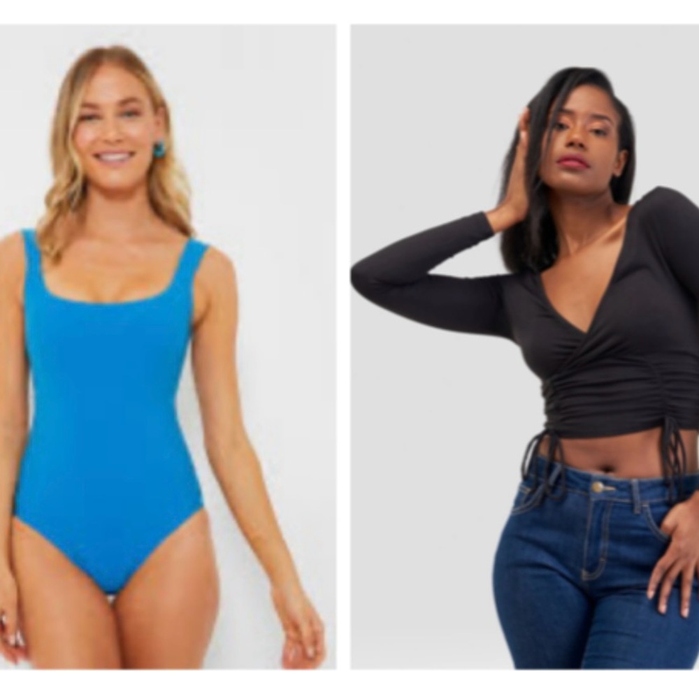 Live In The Moment Blue Snap Body Suit-Medium, NWT + Free Black Ruched Top-Med.